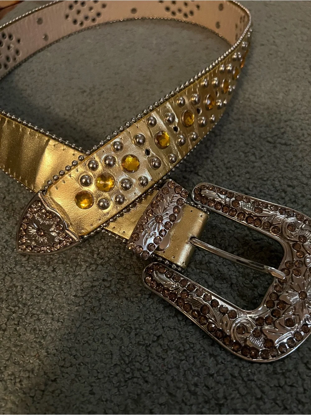Gold Studded Western-Style Women’s Belt with Amber & Silver Gem Accents